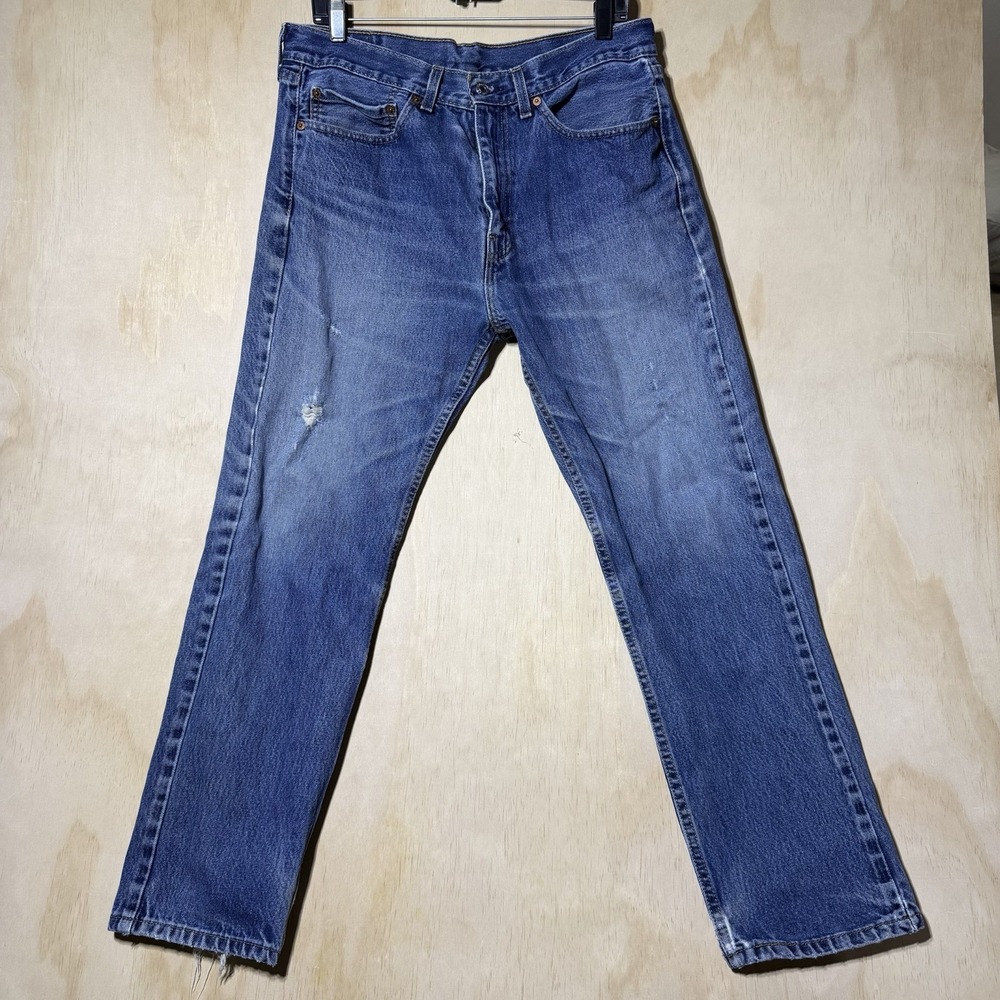 Levi's 505 Mens 34x30 Blue Jeans Regular Fit Straight Leg Distressed